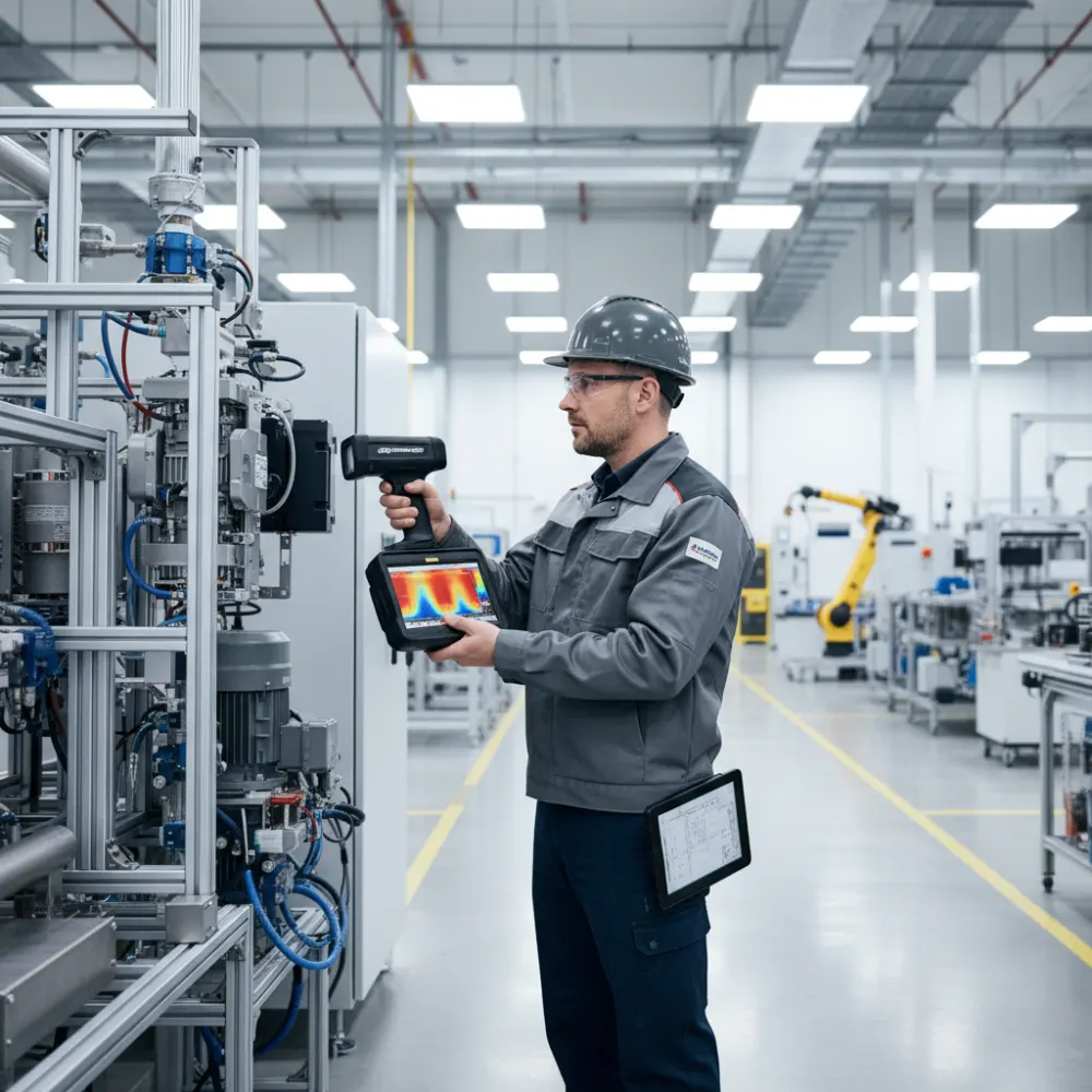 Tecnico esegue un'ispezione termografica in uno stabilimento industriale