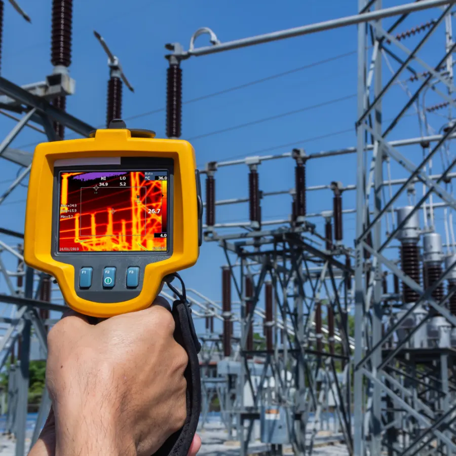 Termocamera puntata su una sottostazione elettrica ad alta tensione